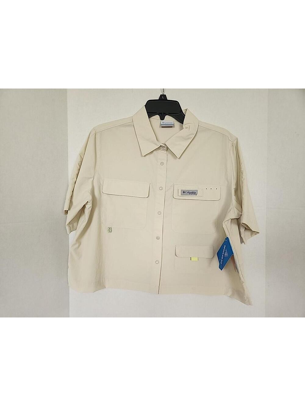 Columbia Womens PFG Open Water Short Sleeve Shirt Sz L Tan Beige Pocket Fishing